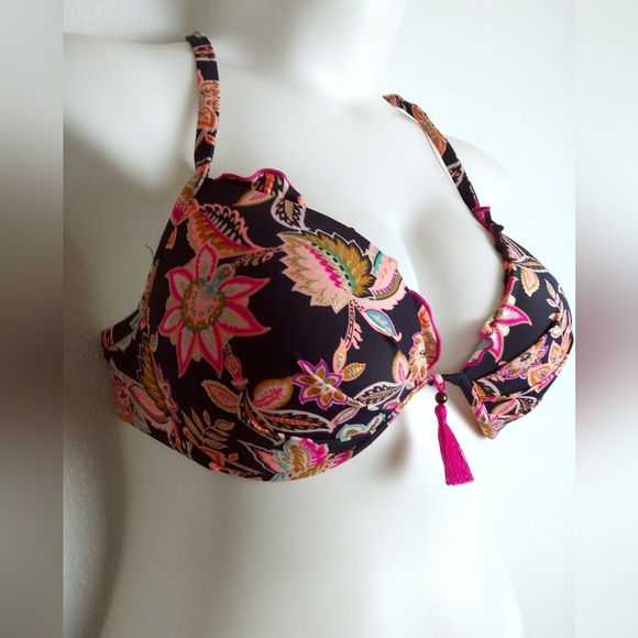 Share & Shore Navy Peach Floral Halter Bikini Top Size 36DD - Picture 2 of 10